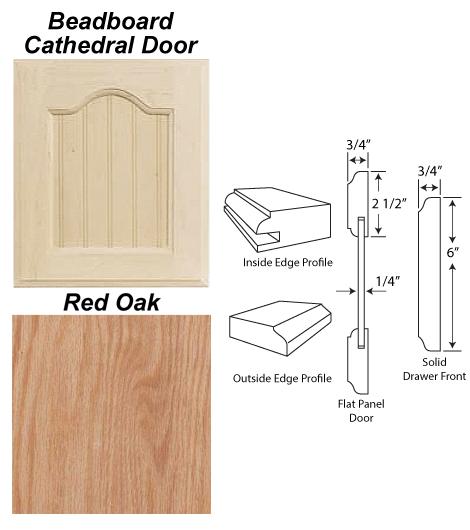 Cathedral top beadboard cabinet door in Red Oak