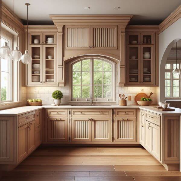 Full overlay maple beadboard U - Shaped Kitchen cabinets in natural light